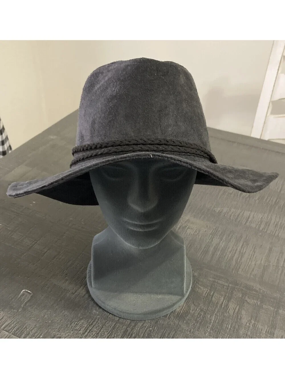 NWT Something Special Black Suede Western Style Women's Hat Braided Trim